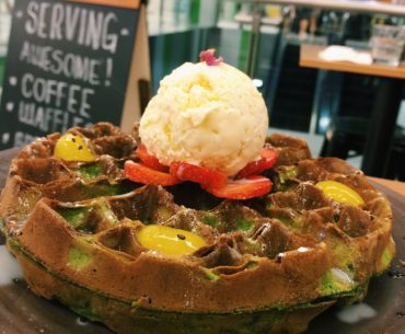 Matcha Strawberry Field Waffle - Montana Brew Bar