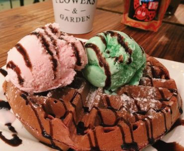 Pandan Kaya & Lychee Rose on Red Velvet Waffle - Seriously Ice Cream