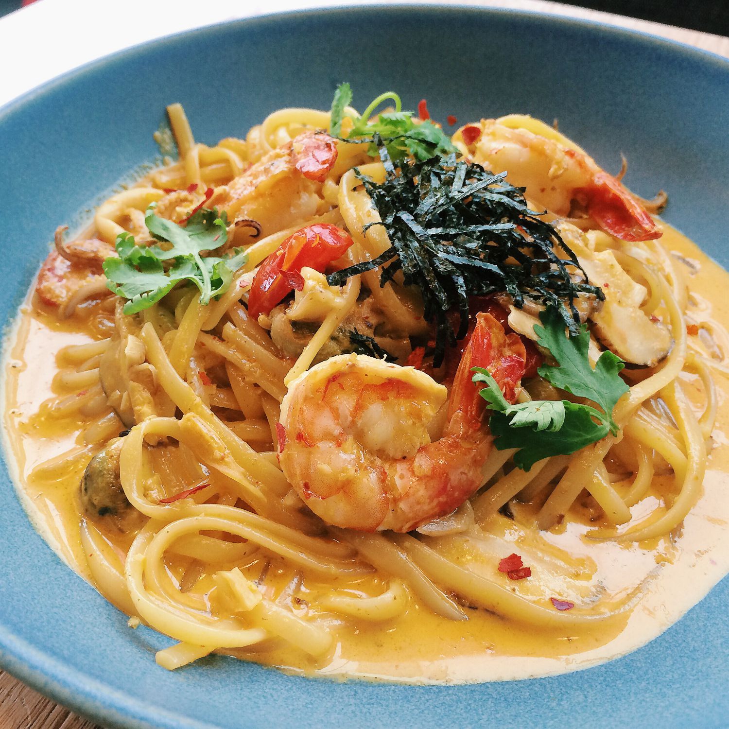 Tom Yum Seafood Pasta - Rise & Grind Coffee Co.