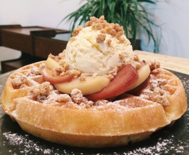 Waffle with Wine-Poached Pear - Curious Palette