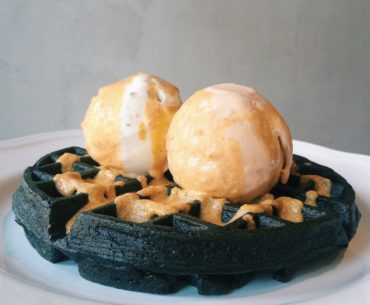 Charcoal Waffle with Salted Egg Yolk Sauce - Twenty Grammes