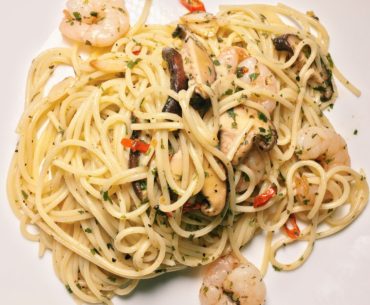 Mushroom & Prawn Aglio Olio - Two Tall Trees