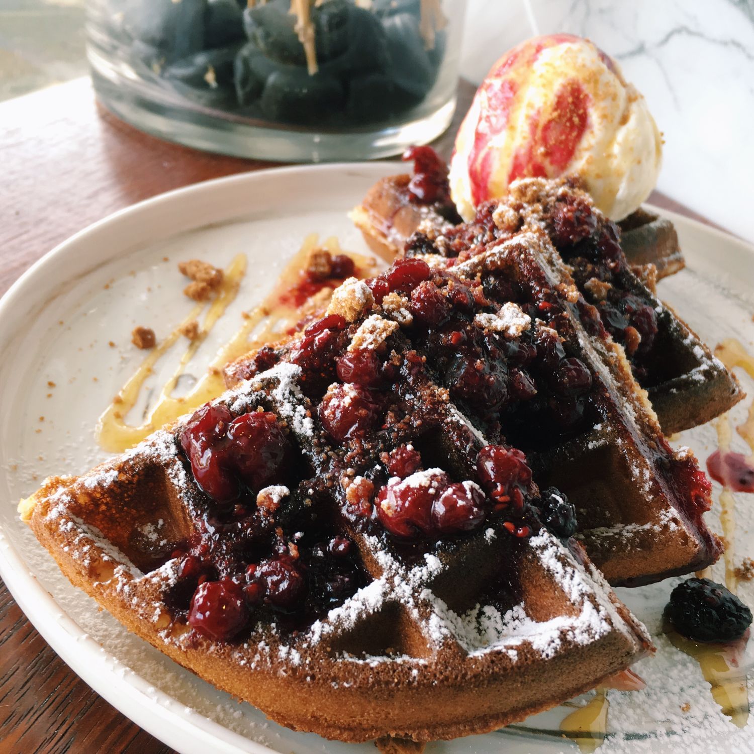Buttermilk Waffle with Mixed Berries Compote - Atlas Coffeehouse