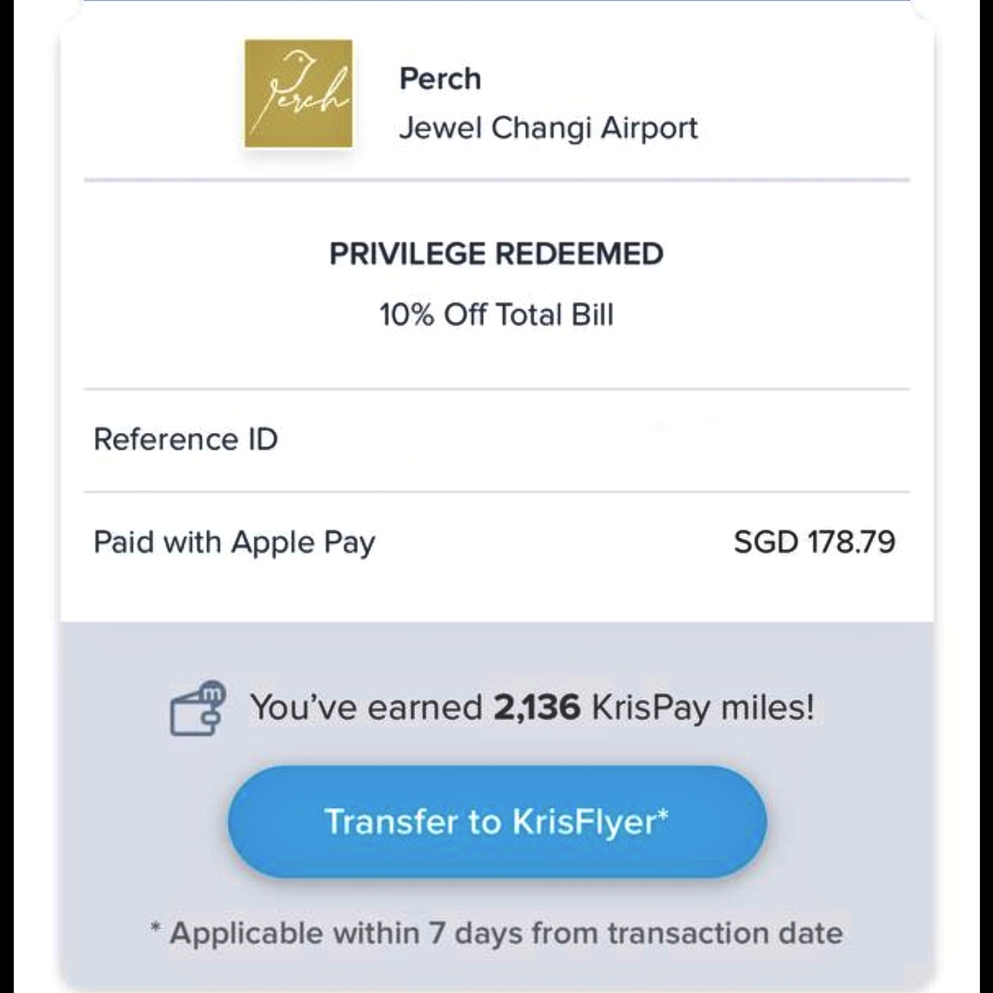 Perch Singapore Transfer of KrisPay Miles to KrisFlyer Miles (Perch Singapore).