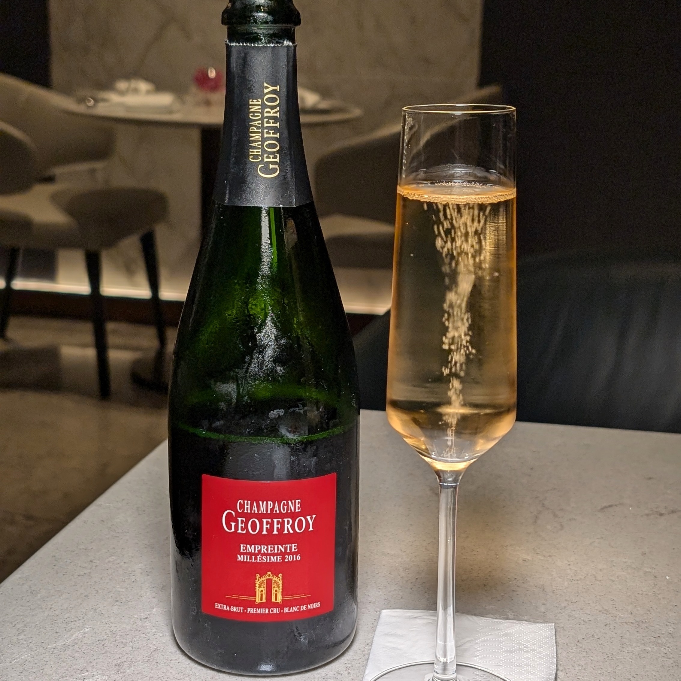 First Class on Singapore Airlines SQ656 Boeing 787-10 Changi Airport Terminal 3 The Private Room 2016 Champagne Geoffroy Empreinte Millesime