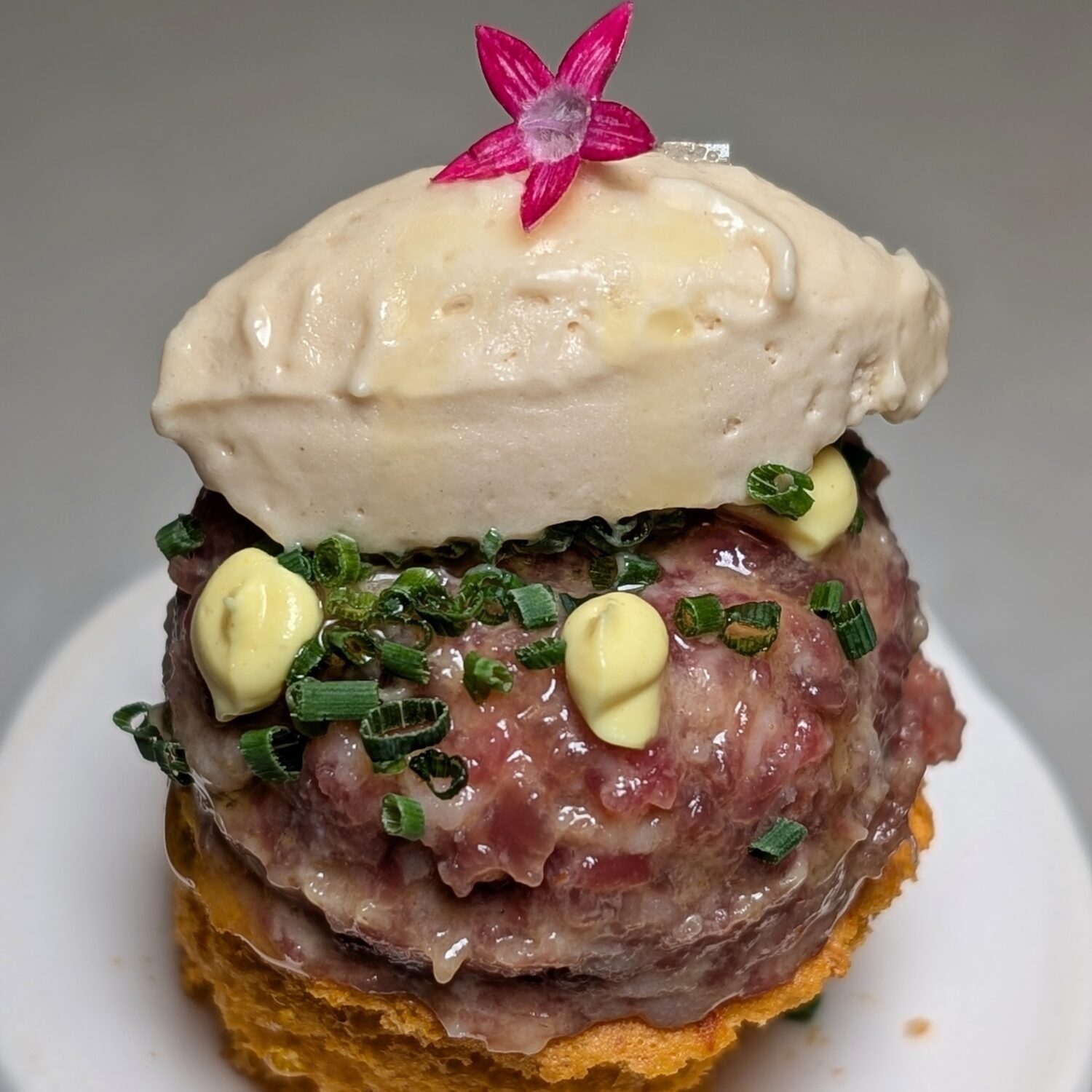 FOC Restaurant Dry-aged Wagyu Beef Tartare on Dry Chipotle Brioche with Caramelized Onion Ice-cream