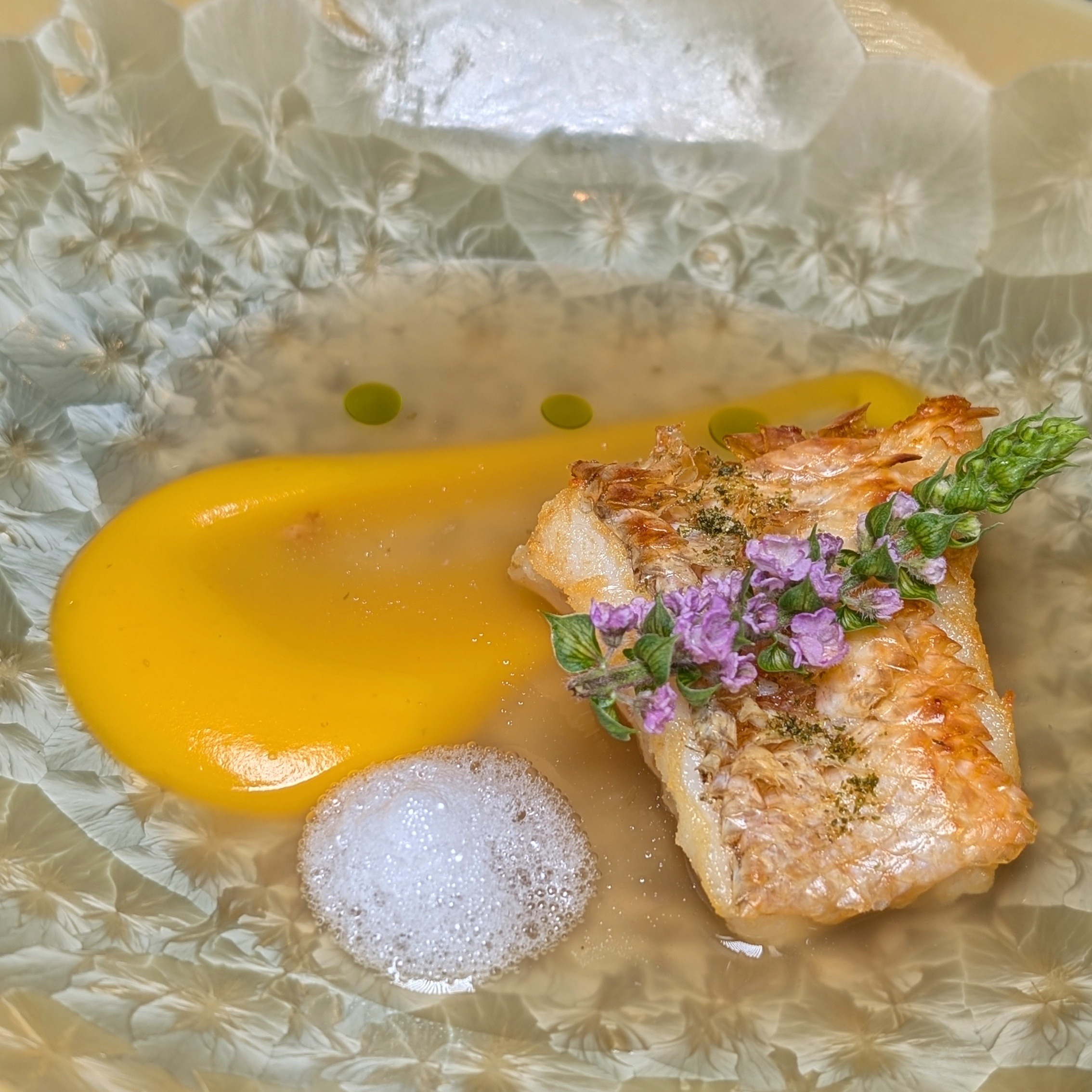 Waldorf Astoria Osaka Tsukimi Grilled Amadai with Pine Cones Pumpkin Purée and Basil Oil