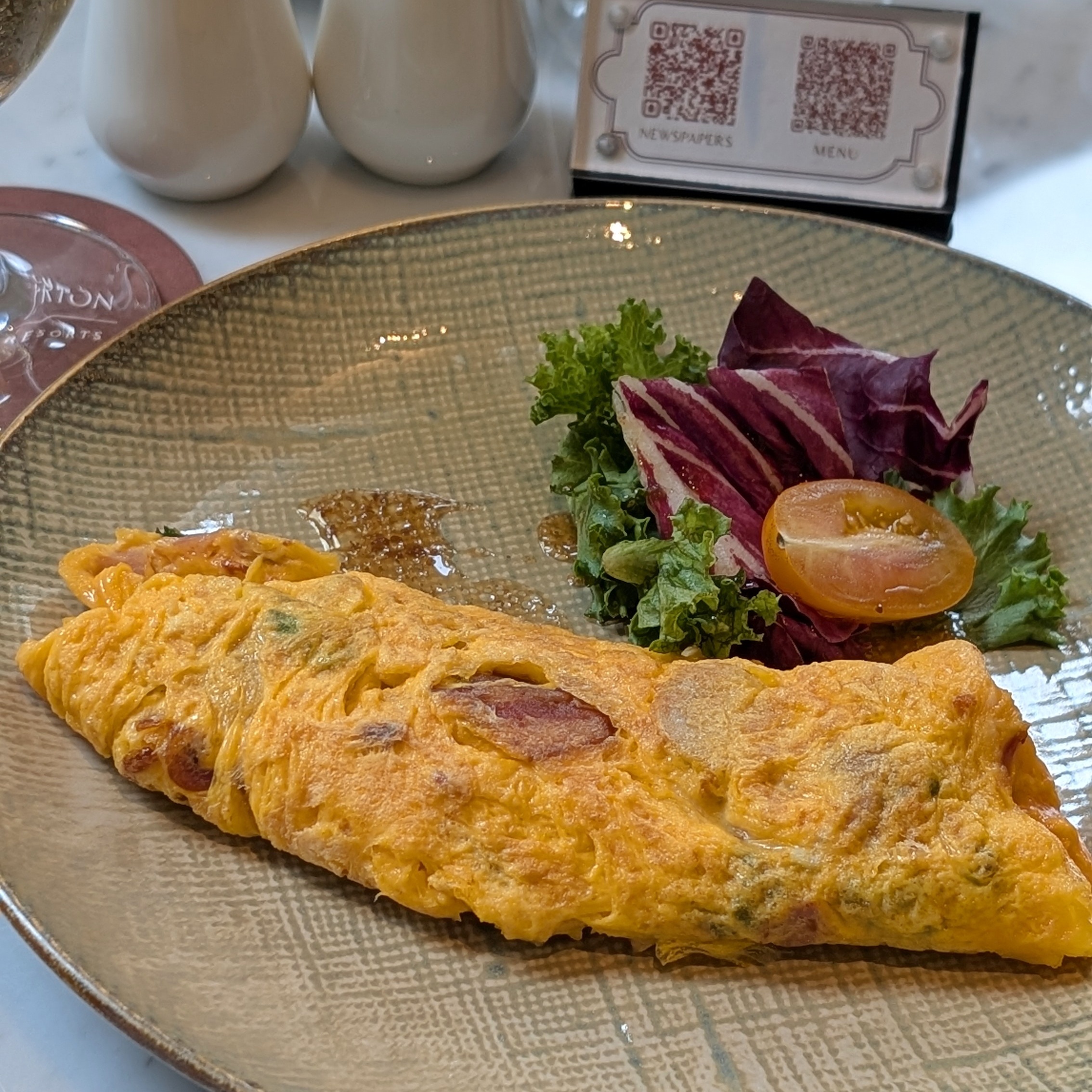 The Fullerton Hotel Singapore The Straits Club Breakfast Omelette with Sakura Ebi, Ham, Bacon and Chorizo Bits