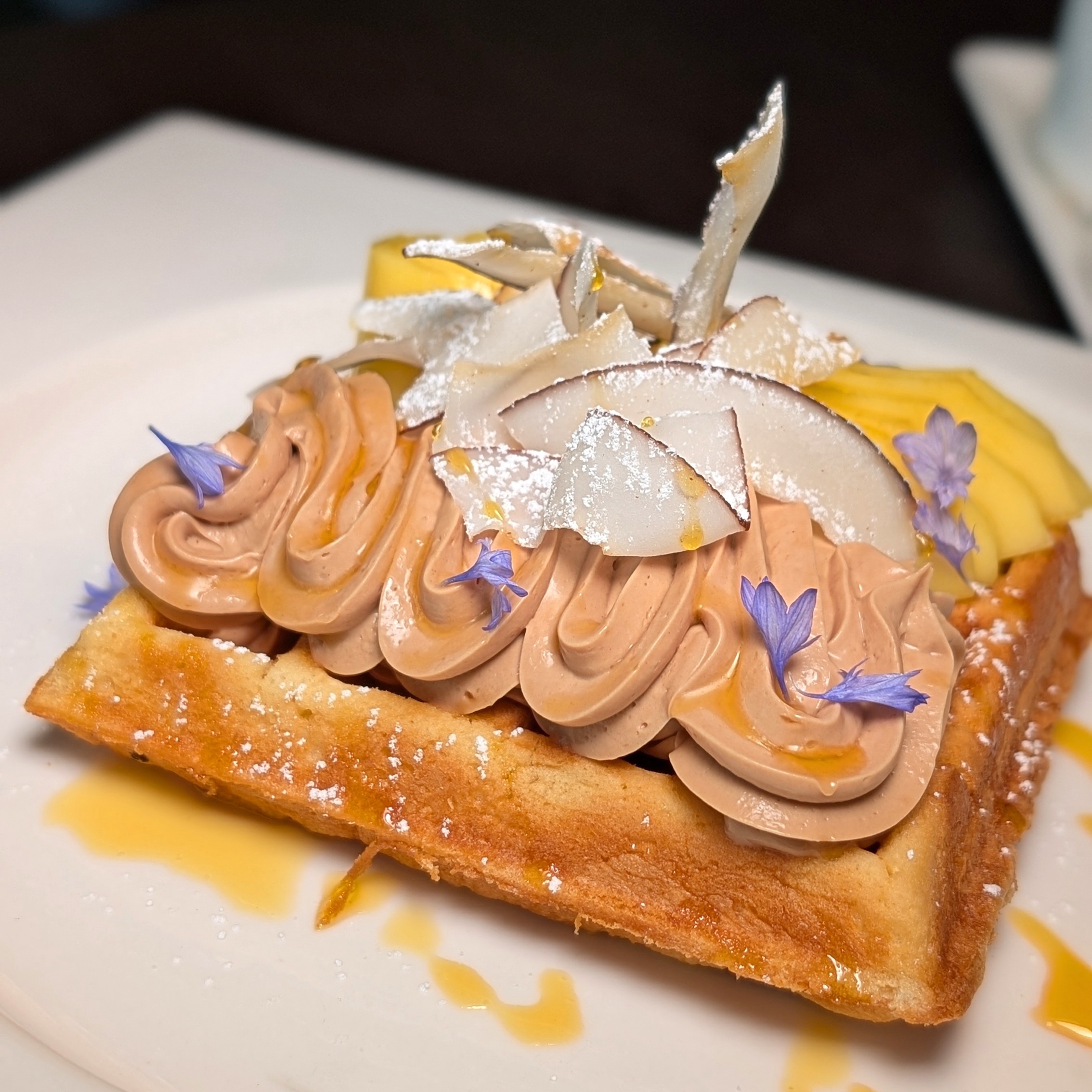 Raffles Sentosa Singapore Empire Grill Breakfast Fresh Waffles with Chocolate Hazelnut Cream Mango and Coconut